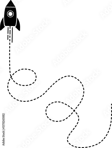 Rocket icon with a dashed line trail forming two looped paths and curves.