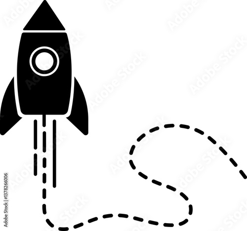 An icon of a rocket taking off with a dashed line trail that winds around in curves.