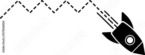 An icon of a rocket taking off with a dashed line trail forming a zigzag pattern.