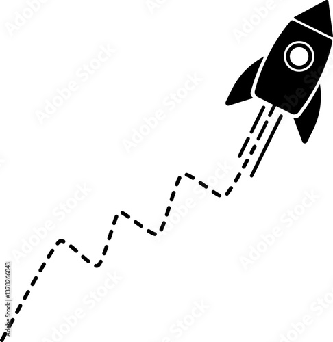 An icon of a rocket taking off with a dashed line trail that zigzags and rounds off.