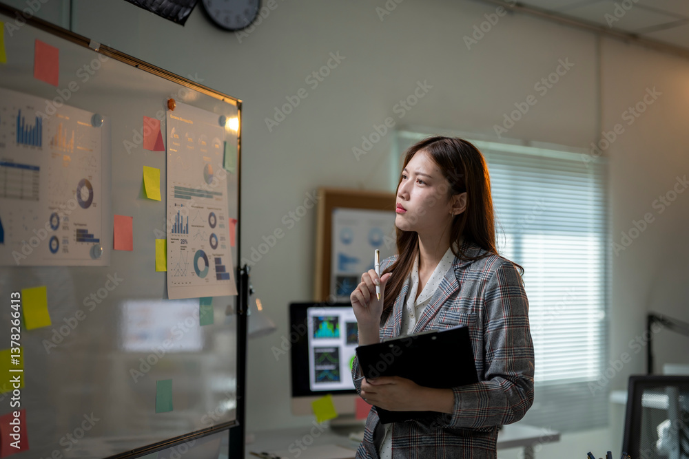 A woman is looking at a white board with a lot of graphs and numbers on it A woman is looking at a white board with a lot of graphs and numbers on it
