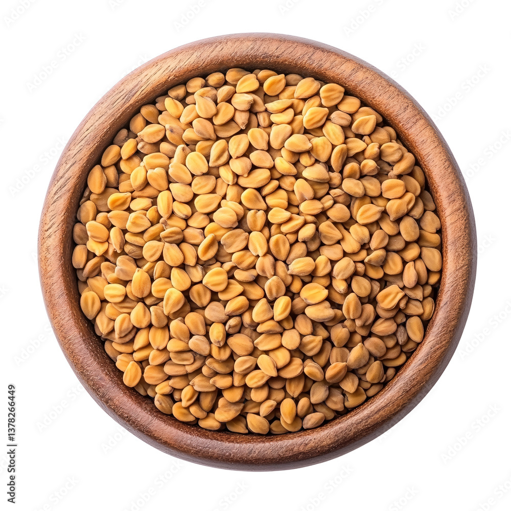 Closeup of aromatic fenugreek seeds in a wooden bowl on a transparent background Concept of healthy eating, traditional medicine, and culinary spice Closeup of aromatic fenugreek seeds in a wooden bowl on a transparent background Concept of healthy eating, traditional medicine, and culinary spice