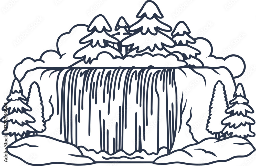 Scenic waterfall with pine trees and rocks landscape cascading nature line art illustration Scenic waterfall with pine trees and rocks landscape cascading nature line art illustration