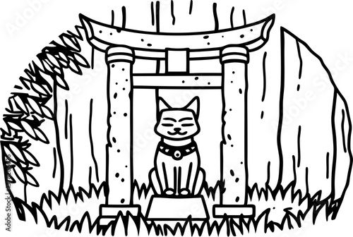 Maneki neko at traditional japanese torii gate with bamboo and grass background