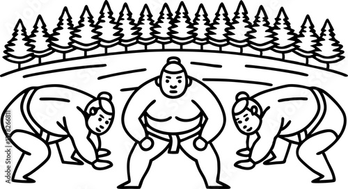 traditional sumo wrestlers in forest setting japanese culture, strength, and nature illustration