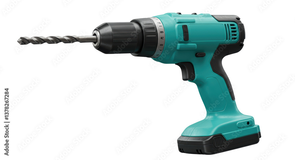 Isolated Green Cordless Drill with Drill Bit Isolated Green Cordless Drill with Drill Bit