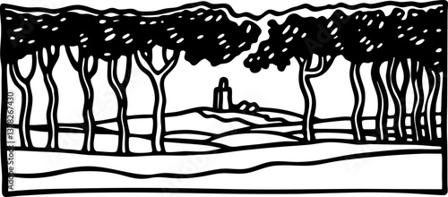 Black and white landscape with trees and distant hillside tower