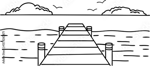 Tranquil lake pier illustration with serene sky and peaceful clouds in black and white line art