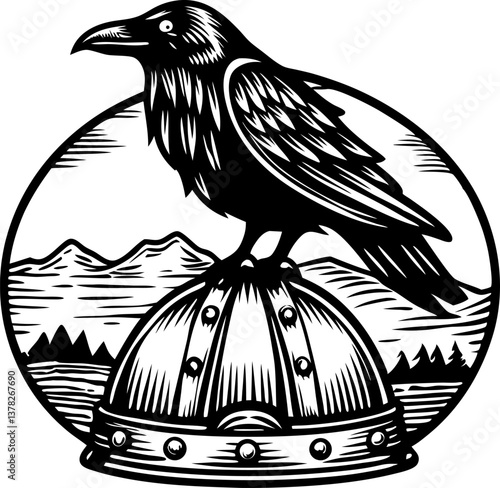 raven perched on viking helmet, norse mountains in background symbol of wisdom and mystery