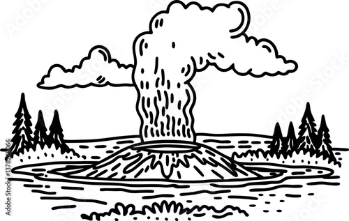 Geyser eruption illustration natural hot spring amid trees and clouds