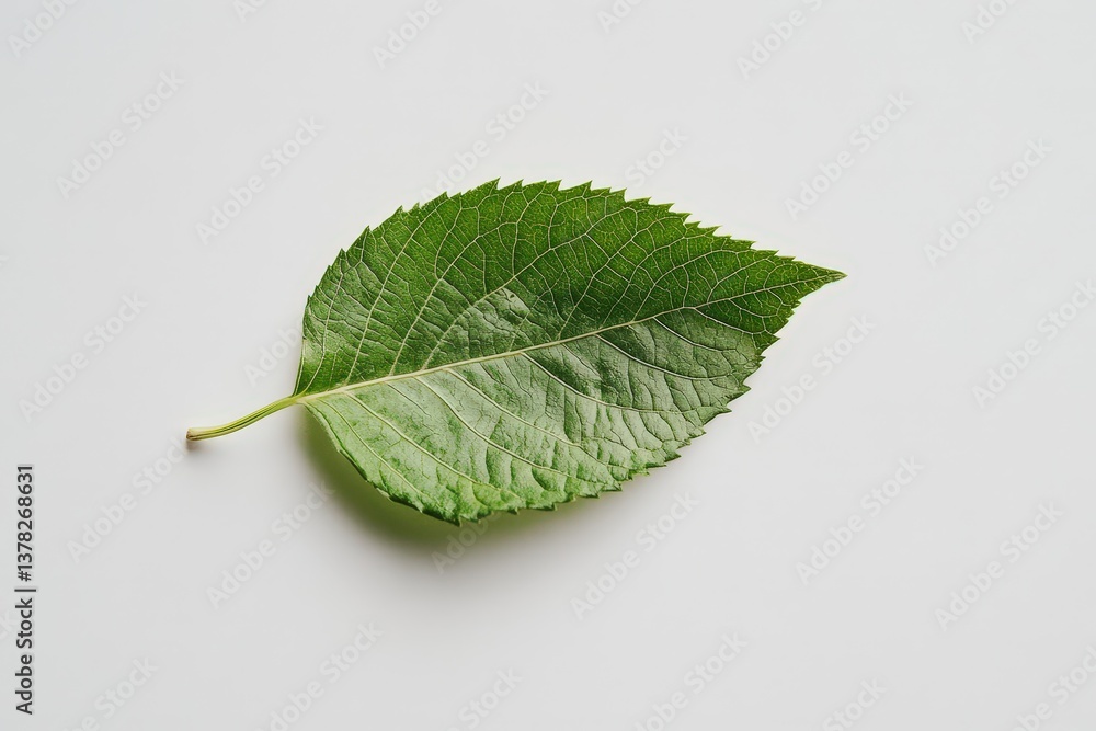 Fototapeta premium A close up image shows a green leaf on white surface