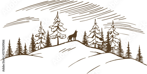 Wolf silhouette on snowy hill amid pine trees in winter forest illustration