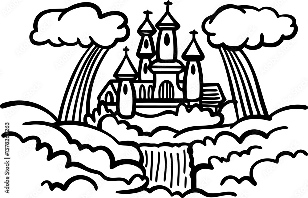 Fototapeta premium fairytale castle in clouds mystical, fantasy scene with rainbows, dreamy landscape, enchanting dream