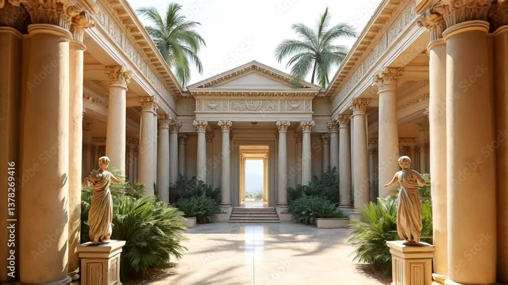Classical Courtyard: A majestic greek palace adorned with classical columns and sculptures, leading to an inviting archway under a sunny sky. Classical Courtyard: A majestic greek palace adorned with classical columns and sculptures, leading to an inviting archway under a sunny sky.