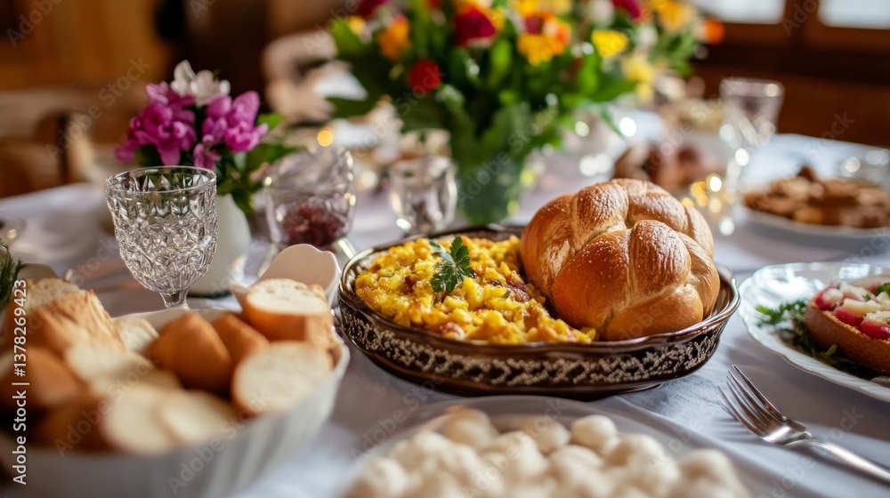 Festive Table Setting with Challah Bread and Assorted Dishes Festive Table Setting with Challah Bread and Assorted Dishes