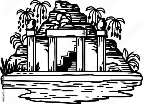 Ancient temple illustration stone structure with palm trees and water in black and white art