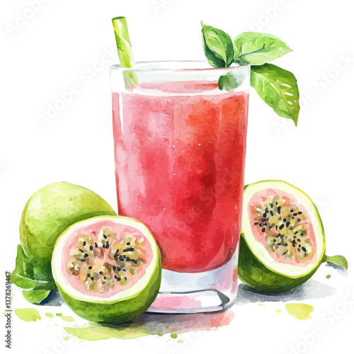 A watercolor vector of Guava Juice, isolated on a white background.


