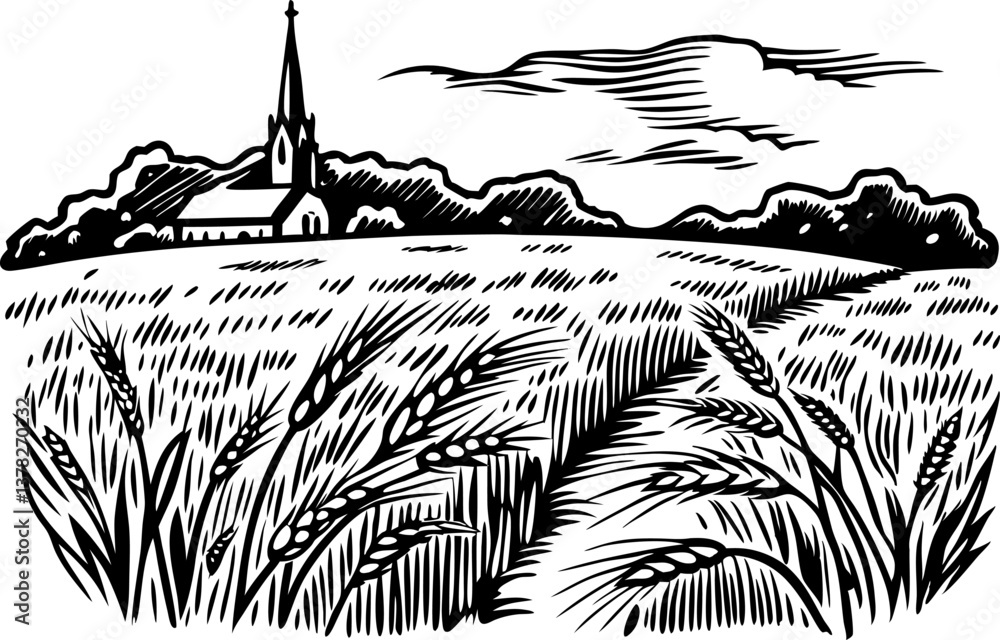 Fototapeta premium rural landscape with church and wheat field black and white illustration, countryside tranquility