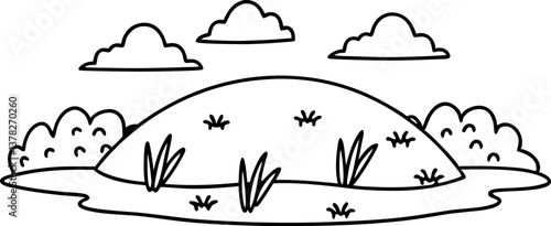 clouds and grassy hill landscape illustration simple black and white nature scene with bushes