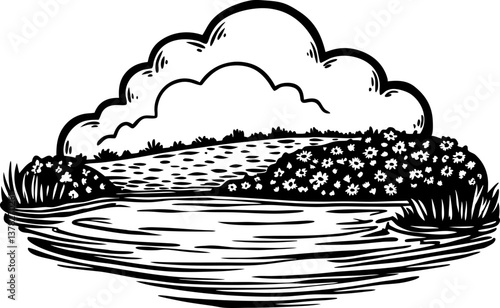 scenic landscape illustration with pond, clouds, hills, and flowers in black and white artistry