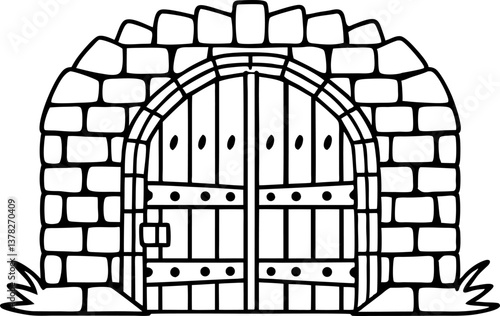 ancient stone castle gate illustration with wooden doors and arched entrance design