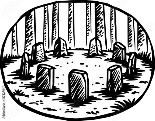 Mysterious stone circle in forest, nature ritual site, trees encircling ancient monoliths