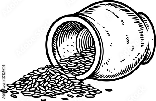illustration of spilled rice grains from clay pot, vintage black and white drawing