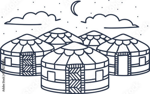 traditional yurt village illustration under night sky with moon and clouds in minimalist