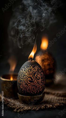 Orthodox Easter eggs with gold labyrinth motifs, brass censer and candles on wool rug, monastic charcoal-gray cultural scene

