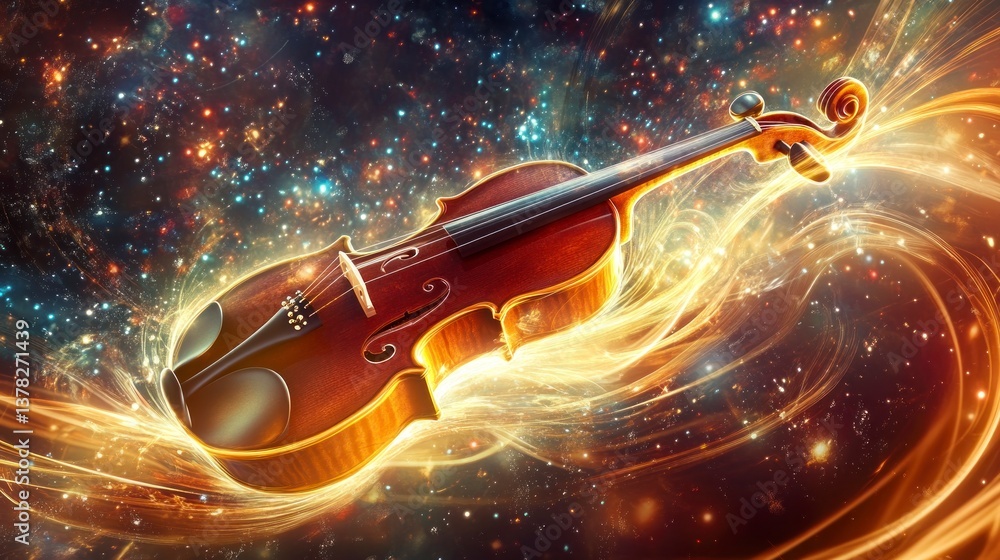 Fototapeta premium Violin Floats Through Starry Space with Flowing Golden Light Trails