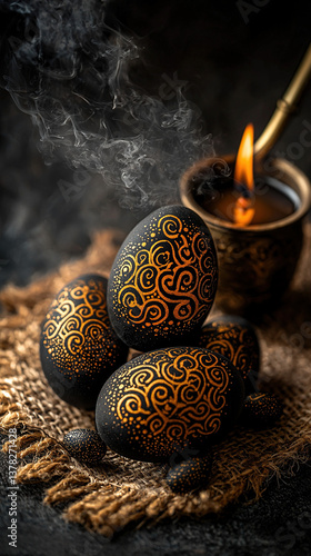Orthodox Easter eggs with gold labyrinth motifs, brass censer and candles on wool rug, monastic charcoal-gray cultural scene
