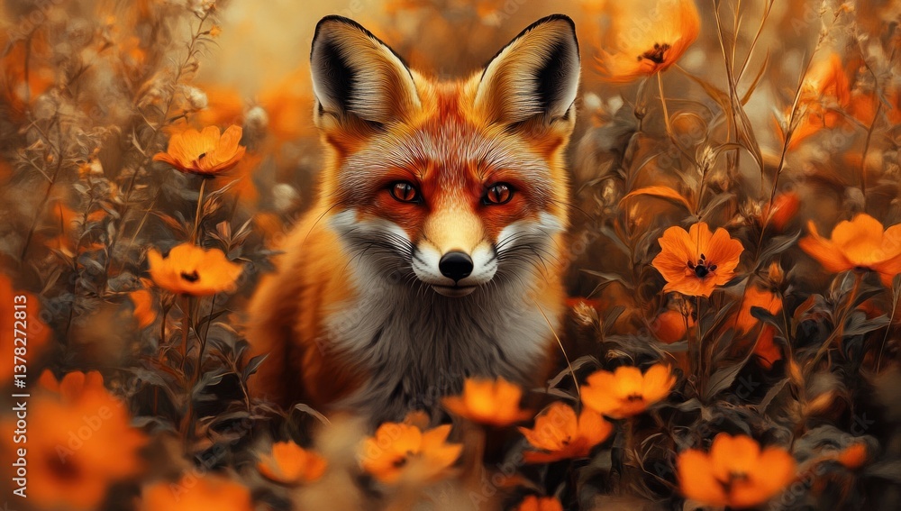 Fototapeta premium Red fox sitting amongst orange flowers.