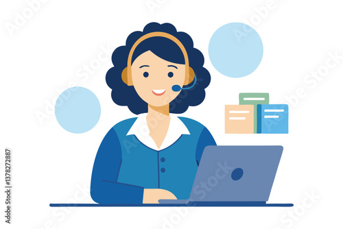 Smiling Woman with Headset Working on Laptop Computer Design