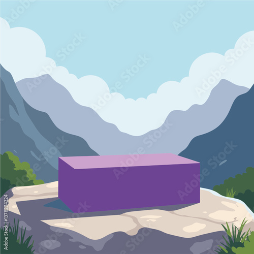 Purple yoga block resting on rock in mountain landscape, zen atmosphere