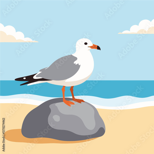 Seagull perched on rock by beach, coastal serenity