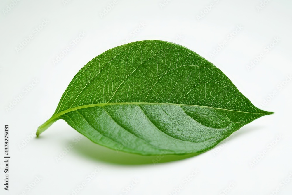 Obraz premium A single vibrant green leaf rests on a white background surface