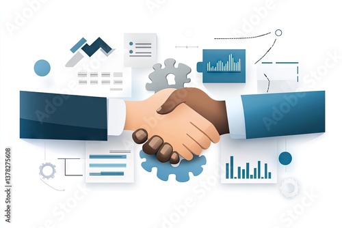 Collaborative business partnership visualized with diverse hands shaking.  Data-driven, strategic alliance