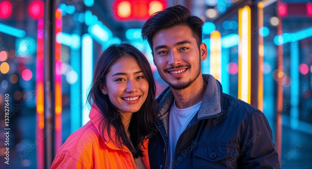 Fototapeta premium Happy young couple in neon lit urban street with reflections background portrait photo 