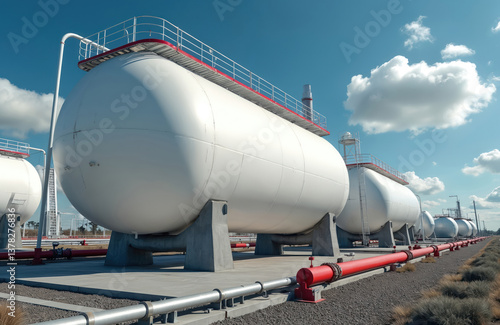 White spherical propane tanks contain fuel gas. Industrial plant with blue sky. Steel containers, tanks, storage, energy. Petrochemical industry with safety standards.