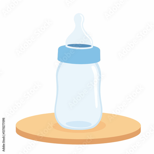 Simple baby bottle illustration on wooden table, minimal design