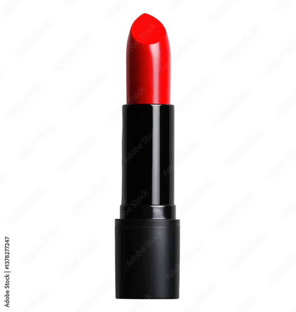 Bright red lipstick in sleek black tube on black background, cut out Bright red lipstick in sleek black tube on black background, cut out