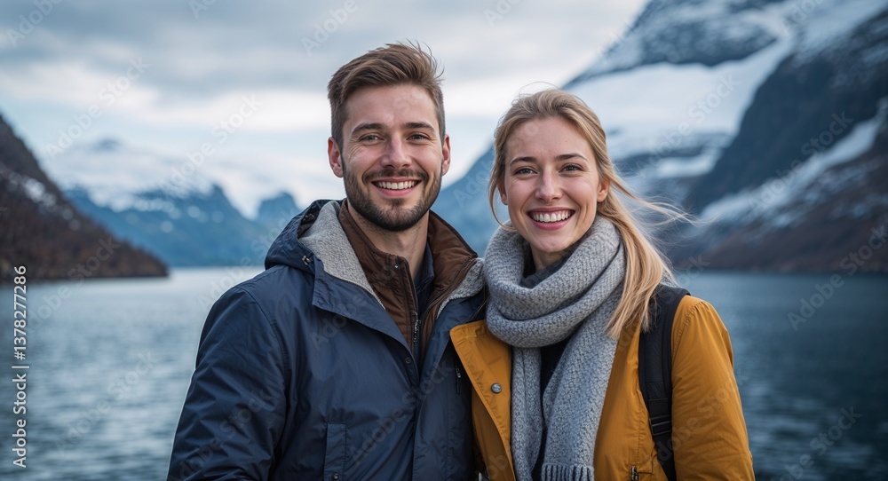 Happy young couple in Nordic fjord with snow capped peaks background portrait photo Happy young couple in Nordic fjord with snow capped peaks background portrait photo