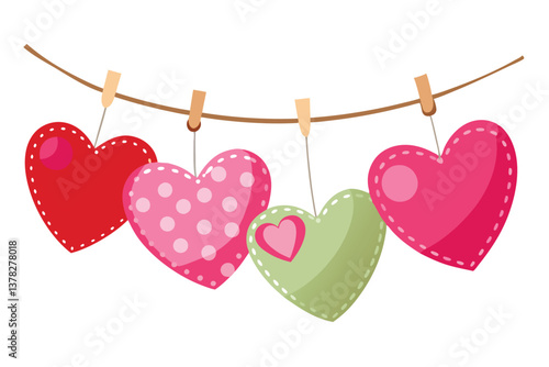 Colorful Cloth Hearts Hanging on a String with Clothespins on White Background