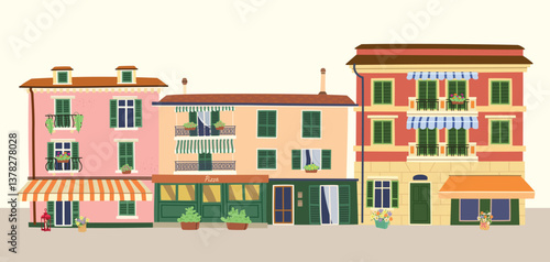 Trendy warm colored houses with flowers on balcony and pizza restaurant in Italian style. Hand drawn European city architecture illustration in modern flat vector illustration style.