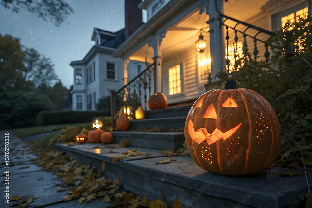 Obraz premium A grinning jack-o'-lantern welcomes trick-or-treaters on a spooky Halloween night, glowing warmly on a grand house's steps with soft autumnal lighting.
