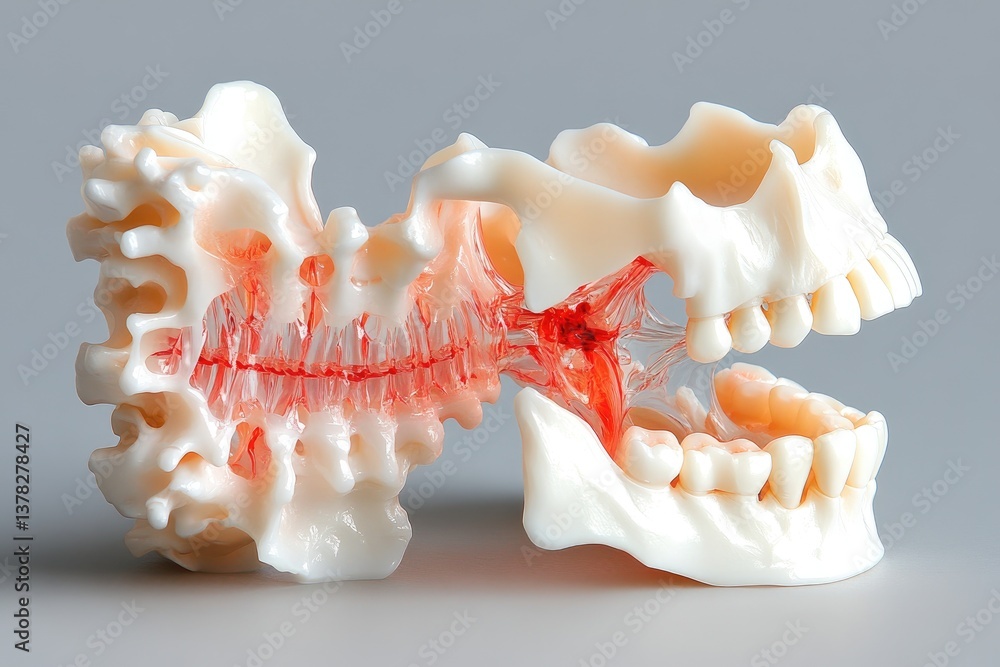 Jawbone model showcasing gums, teeth, and structure on a gray background Jawbone model showcasing gums, teeth, and structure on a gray background