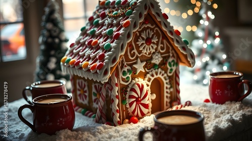 Wallpaper Mural gingerbread house, intricately decorated with icing, candy canes, gumdrops, and sprinkles, surrounded by powdered sugar, with mugs of hot cocoa Torontodigital.ca