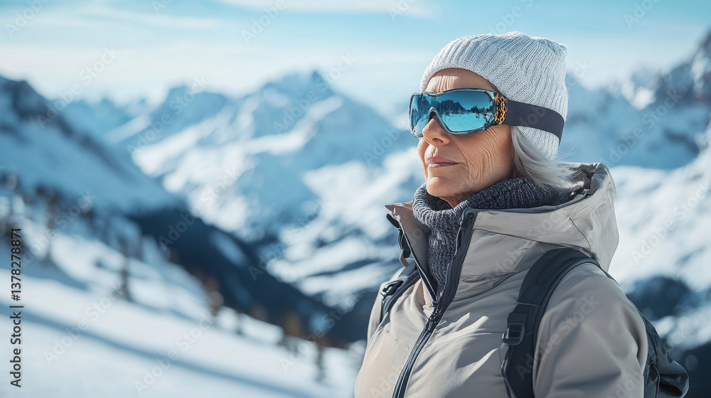 Focused female ski guide prepared for mountain rescue response in winter terrain