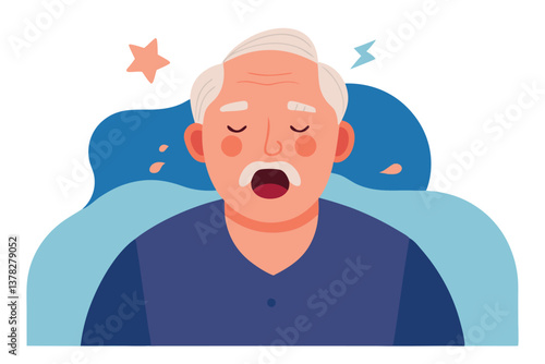 Drowsy Senior Man Cartoon with Closed Eyes, Open Mouth, Star and Light Bolt