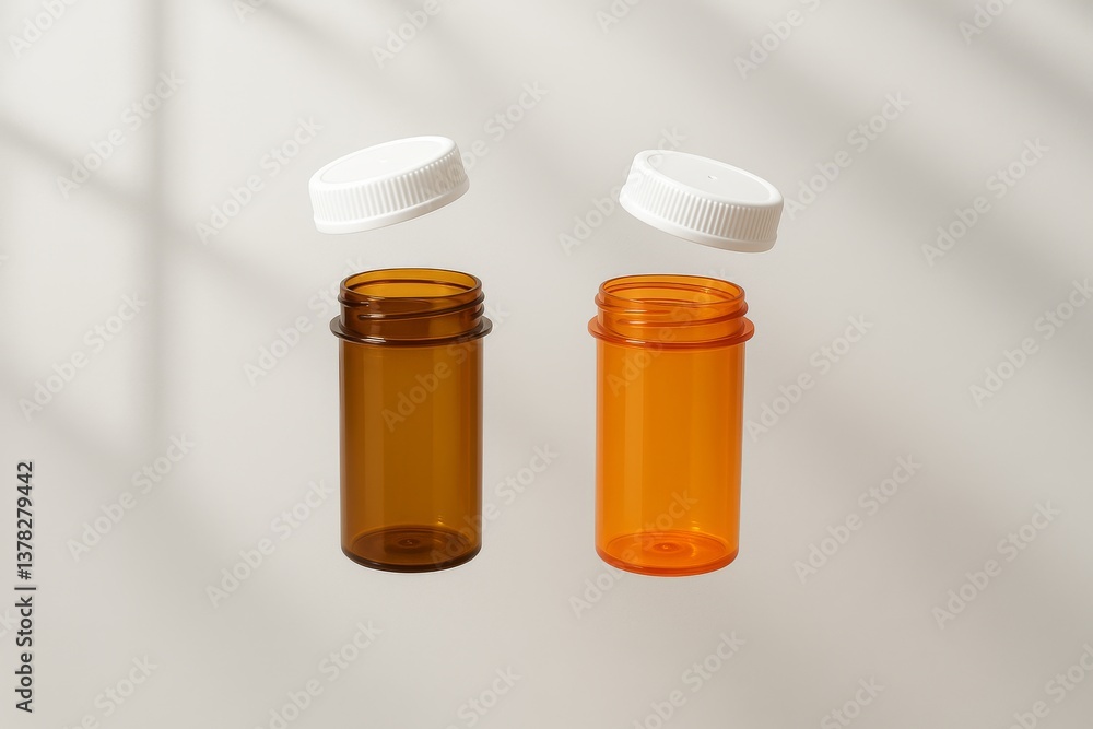 Empty Prescription Pill Bottles with Lids Suspended, Studio Shot Showing Medical Containers Empty Prescription Pill Bottles with Lids Suspended, Studio Shot Showing Medical Containers